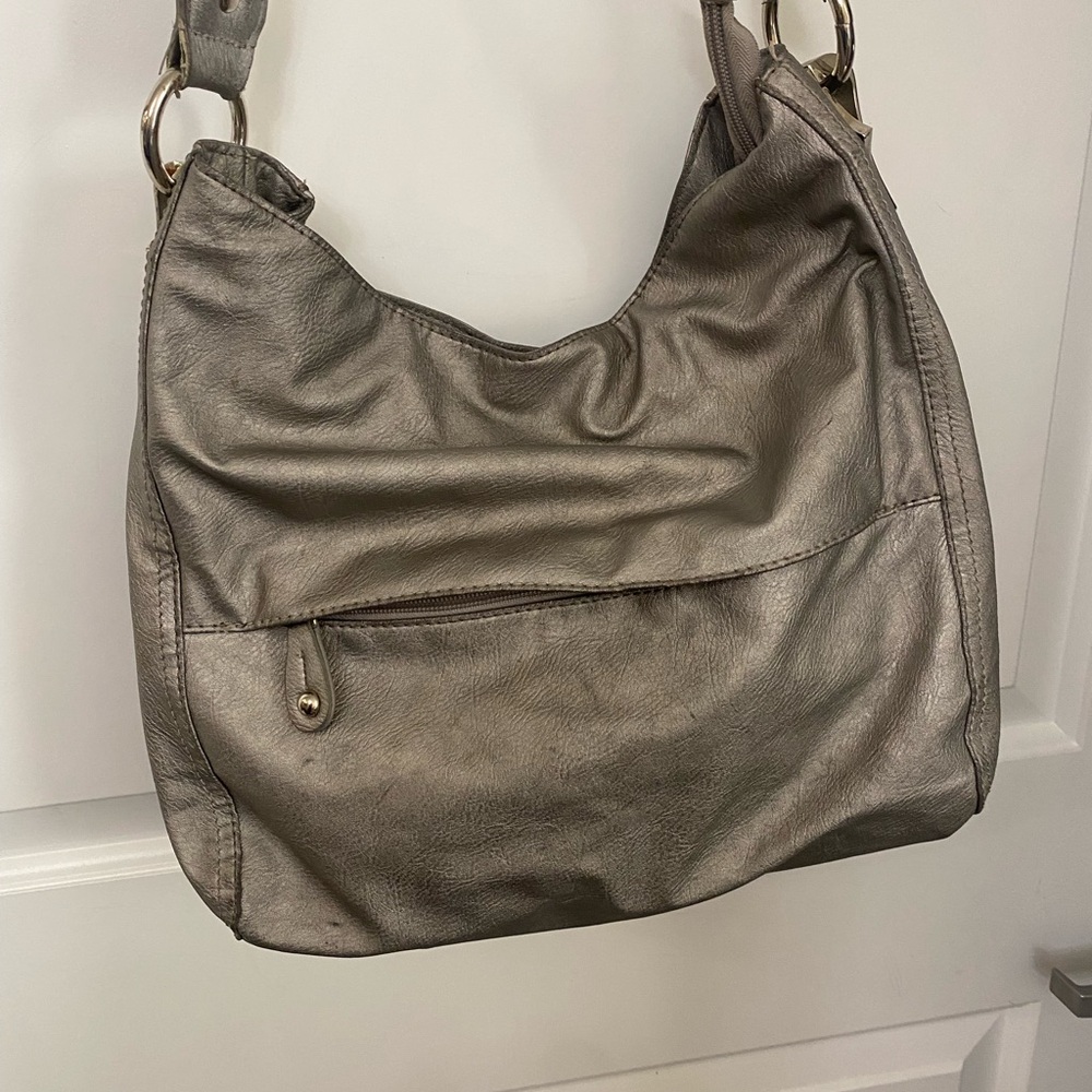 Gray Metallic Distressed Hobo Bag with Soft Leather Finish
